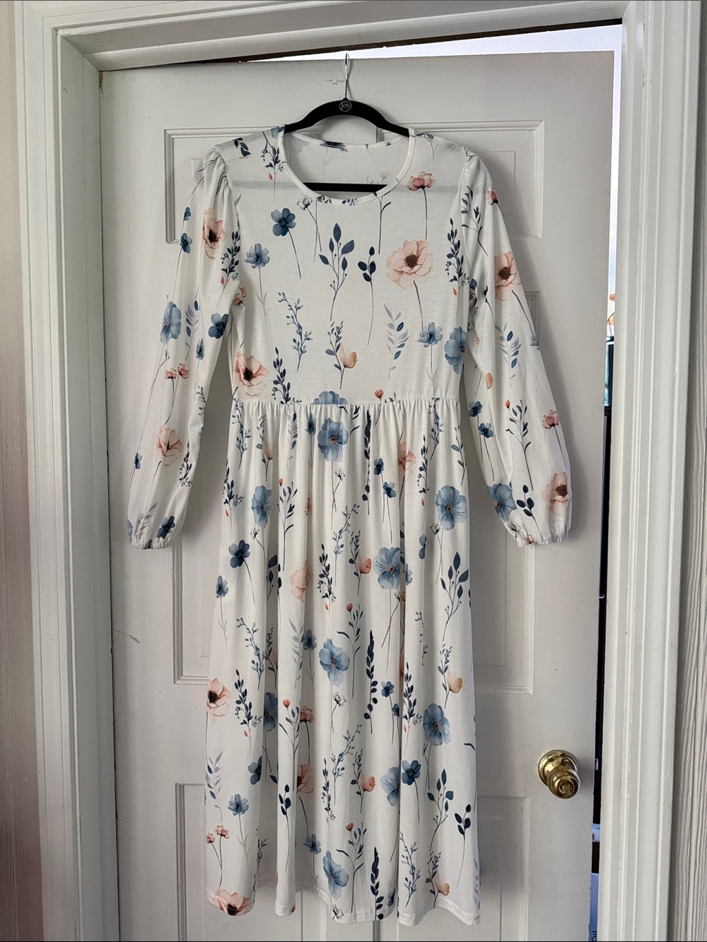 Amazon Women's Cream Midi Dress with Blue & Blush Floral Pattern